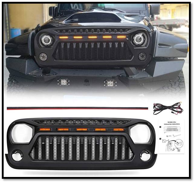 Haitzu Matte Black Angry Face Grill with 5 Amber Lights For Jeep Wrangler