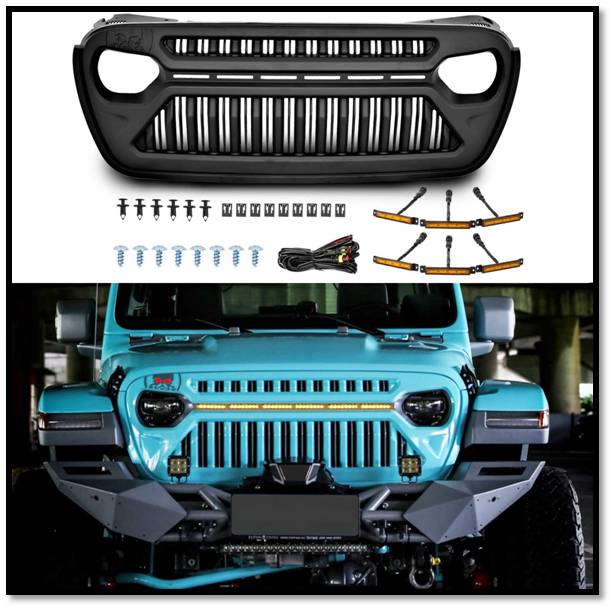 TOPFIRE Front Grill With 6 PCs Amber Lights For Jeep Wrangler