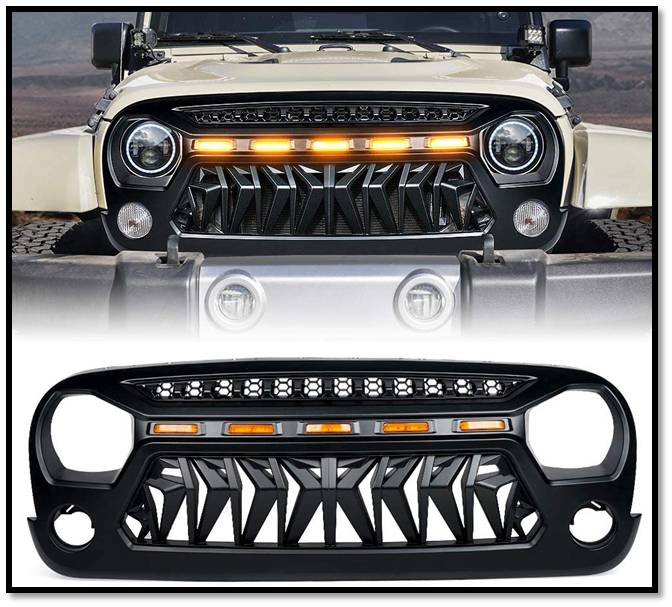 Xprite Matte Black Venom Grill with Amber LED Running Lights For Jeep Wrangler